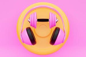 Ilustración 3d mancuerna rosa metal con discos y auriculares sobre fondo rosa. equipamiento deportivo y fitness foto