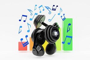 Black  classic wireless headphones  and dumbell  isolated 3d rendaring.  Headphone icon illustration. Sport equipment photo