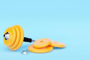 Yellow  dumbbells with disassembled plates on    blue  isolated background. 3D rendering photo