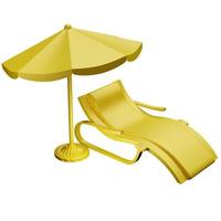 3d illustration of a yellow beach chair  under a parasol on white isolated background. Summer vacation concept by the beach. photo