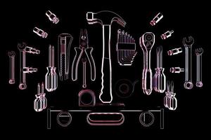Construction tool shop service concept. Glass set of all tools for home repair builder on a monocrome background. 3d illustration photo
