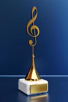 premio de música dorada con una clave de sol sobre un fondo azul, ilustración 3d foto