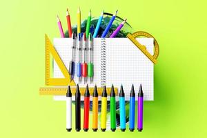 School stationery.  Colored pencils, colored ink pens, a regular pencil with a red rubber band, rulers, globe,  blank notebook pages  and others  on a  yellow background. 3D illustration. photo