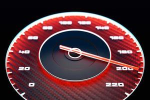 3D close-up illustration of a black dashboard of a car, a digital bright speedometer with a red arrow in a sporty style. photo