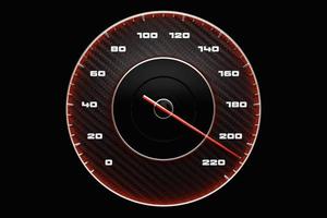 3D close up illustration of a black dashboard of a car, a digital bright speedometer with a red arrow in a sporty style. photo
