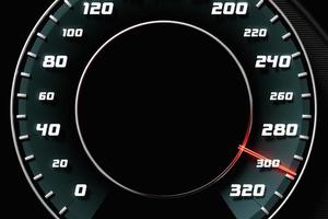 3D illustration close up black car panel, digital bright speedometer in sport style. The speedometer needle shows a maximum speed of 300 km h