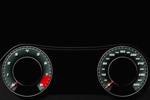 3D illustration of the dashboard of the car is illuminated by bright illumination. Circle speedometer, tachometer photo