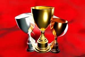 3d illustration of a cup of gold, silver and bronze winners on the background of the national flag of Turkey . 3D visualization of an award for sporting achievements photo