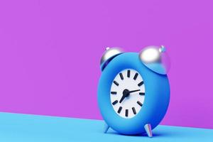 3d illustration blue cartoon wake up alarm clock on isolated  purple and blue  background photo