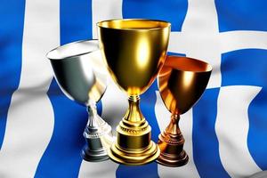 3d illustration of a cup of gold, silver and bronze winners on the background of the national flag of Greece. 3D visualization of an award for sporting achievements photo