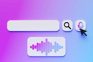 Ilustración 3d, diseño de elementos de la barra de búsqueda. barra de búsqueda con lupa e icono de micrófono foto