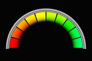 3d illustration of a bright instrument panel depicting values from normal to critical values in different colors on a black  background photo