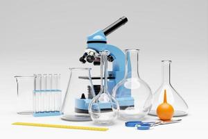 3d illustration of a set of laboratory instruments and a microscope. Chemical laboratory research on a white background photo