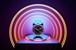 3d Illustration of a  alarm clock double bells  on circle podium . Conceptual image of an alarm clock, rendered 3d photo