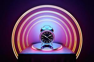 3d Illustration of a  alarm clock double bells  on circle podium . Conceptual image of an alarm clock, rendered 3d photo