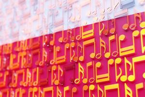 Musical notes lined up in even rows against the backdrop of the National Flag of  Poland . The concept of the national anthem, music. 3D illustration photo