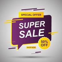 Yellow and purple sale banner background with blue bubble speech. vector