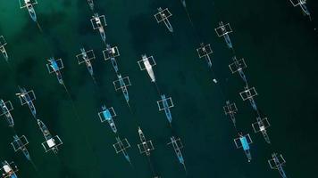 veduta aerea di bellissime barche da pesca allineate sulla spiaggia di pangandaran, java occidentale - indonesia. video
