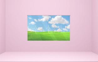 Pink room with window with beautiful view. Abstract concept, imagination, tourism. photo