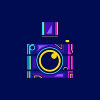 Camera cyberpunk logo line pop art portrait fiction colorful design with dark background. Abstract vector illustration.