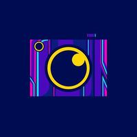 Camera cyberpunk logo line pop art portrait fiction colorful design with dark background. Abstract vector illustration.