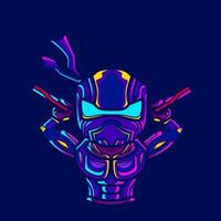 Samurai cyberpunk logo line pop art portrait fiction colorful design with dark background. Abstract vector illustration.