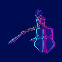 Knight armor cyberpunk logo line pop art portrait fiction colorful design with dark background. Abstract vector illustration.