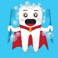 Cute Tooth Superhero Holding Two Toothbrushes Suitable For Children Product, Book Drawing and Many Crafts For Kids vector