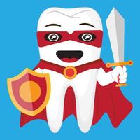 lindo superhéroe de dientes con espada y escudo adecuado para productos infantiles, libro de dibujo y muchas manualidades para niños vector