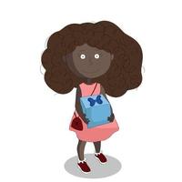 Portrait of a black little cartoon girl holding a big gift box in her hands, isolated on white, flat vector