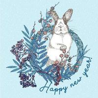 White rabbit with black spots around the eyes. Chinese New Year Symbol Hare. Seating bunny in christmas wreath. New year greeting card in bluecolor. Hand drawn Enaving sketch. Vector