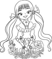 página para colorear niña kawaii anime lindo dibujos animados ilustración clipart dibujo adorable manga descarga gratuita vector