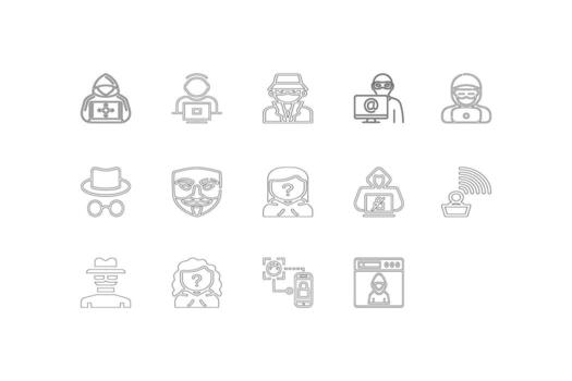 conjunto de iconos de piratas informáticos, estilo de esquema y paquetes de colección simples vector