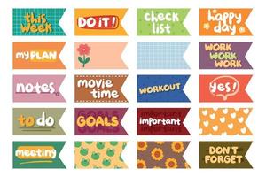 collection of weekly and daily planner sticker, notes, to do list, with lettering and cute icon. template for agenda, check list, stationery vector