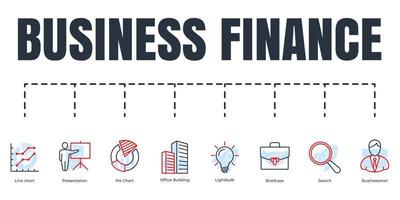 Business finance banner web icon set. businessman, briefcase, pie chart, presentation, search, office building, light bulb, line chart vector illustration concept.