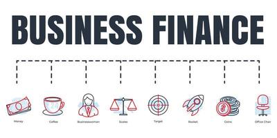 Business finance banner web icon set. rocket, target, office chair, businesswoman, coins, coffee, money, scales vector illustration concept.