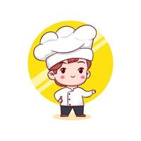 lindo personaje de logo de dibujos animados del chef. fondo aislado de personaje chibi dibujado a mano. vector