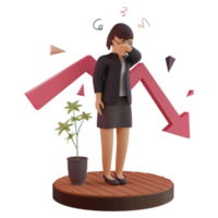 personnage féminin avec statistique vers le bas, illustration 3d png