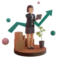 personaggio femminile con statistica in alto, illustrazione 3d png