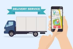 Fast delivery service by truck, van. Courier delivers food order. Hand hold phone with mobile app. Online package tracking. Auto travels with a parcel around the city. Express shipping. Vector design