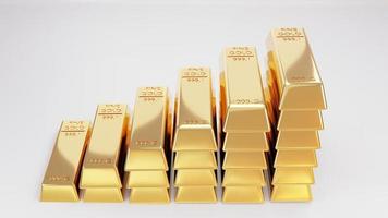 inversión en negocios de oro comercio de oro, ideas de negocios bancarios muestra en 3D de un montón de barras de lingotes de oro brillante un tesoro de riqueza e inversiones para el futuro. foto