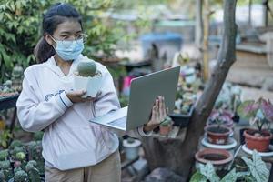 Beautiful Asian girl greenhouse worker selling small plants on social media live stream with mobile. Small tree landscaping and home garden decoration gardener. photo