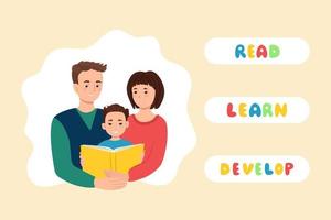 Happy parents with child reading a book banner. Education and study, vector illustration in flat style