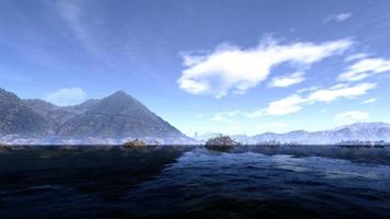 A lake with mountains and a beautiful sky. Thick fog at distant mountains 3D rendering photo