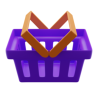 Ilustración 3d del icono de la cesta de compras o comestibles púrpura con mango naranja en ángulo flotante. png