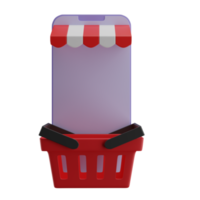 3D purple mobile phone with empty red basket and awning. png