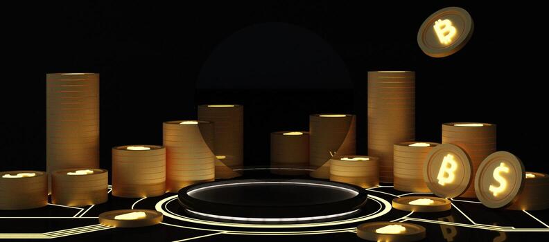 digital currency gold coin on display sticks with hidden lights illuminated on a digital background Black background with glow from the ground and stock chart in the back. 3d render photo