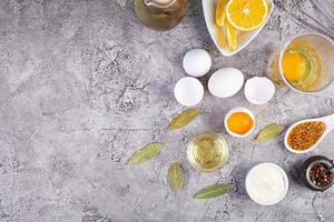 Ingredients for mayonnaise. Delicious homemade mayonnaise with ingredients for sauce. Healthy homemade food. Top view