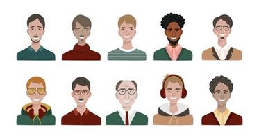 paquete de diferentes avatares de hombres. conjunto de coloridos retratos de usuario. rostros de personajes masculinos. colección de avatares de hombres sonrientes. ilustración vectorial en estilo de dibujos animados plana vector