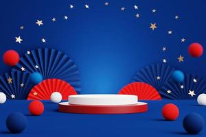 Abstract geometric shape podium for product display on blue background. 4th of july. 3d rendering. photo